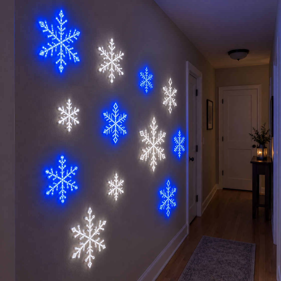 Blue and white LightFlake snowflakes in hallway